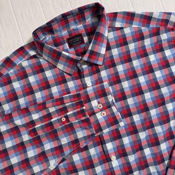 UNTUCKit‎ Shirt Button Down Red/Blue Plaid Long Sleeve Men’s Size 2XL XXL Nylon - Picture 2 of 8